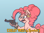 Size: 1318x989 | Tagged: safe, artist:cowsrtasty, imported from derpibooru, pinkie pie, earth pony, pony, beauty mark, blue background, delet this, ear piercing, earring, female, gun, handgun, hooped earrings, implied spanish, jewelry, latina pinkie pie, mare, meme, mole, open mouth, piercing, revolver, rope, simple background, solo, subtitles, weapon