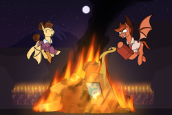 Size: 3000x2000 | Tagged: safe, artist:moonatik, imported from derpibooru, princess celestia, oc, oc only, bat pony, pony, alternate timeline, bat pony oc, bat wings, bonfire, burning, commission, crowd, female, fire, fuel tank, gasoline, jerry can, male, mare, moon, mountain, new lunar millennium, night, nightmare takeover timeline, stallion, torch, wings