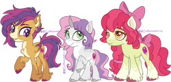 Size: 3900x1887 | Tagged: safe, artist:caffeinatedcarny, imported from derpibooru, apple bloom, scootaloo, sweetie belle, earth pony, pegasus, pony, unicorn, apple bloom's bow, applebetes, bow, chest fluff, cloven hooves, coat markings, colored hooves, colored wings, countershading, curved horn, cute, cutie mark crusaders, ear piercing, eyebrow slit, eyebrows, feathered fetlocks, freckles, hair bow, horn, horn runes, markings, older, piercing, redesign, simple background, socks (coat markings), tail, tail bow, teenager, transparent background, trio, undercut, unshorn fetlocks, wings