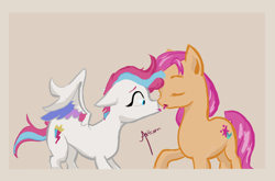 Size: 1970x1300 | Tagged: safe, artist:asttom, imported from derpibooru, sunny starscout, zipp storm, earth pony, pegasus, pony, concave belly, duo, female, g5, imminent kissing, kissing, lesbian, mare, physique difference, shipping, simple background, slender, sunnystorm, thin