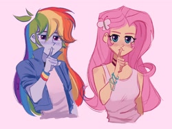 Size: 2048x1536 | Tagged: safe, artist:dreamz, imported from derpibooru, fluttershy, rainbow dash, equestria girls, bracelet, choker, clothes, duo, duo female, female, finger on lips, jewelry, looksmaxxing, mewing, pink background, shirt, simple background, t-shirt, tanktop, wristband